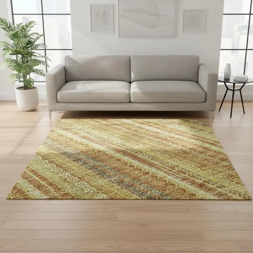 Amber And Artichoke Green Striped Washable Area Rug With UV Protection Photo 2
