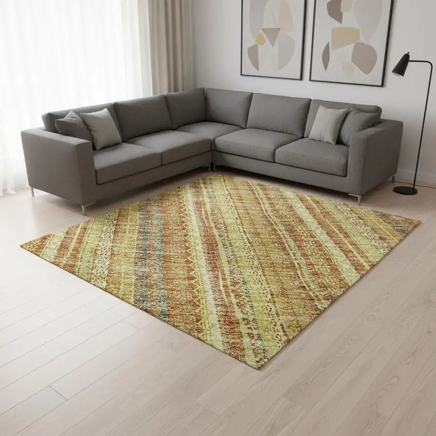 Amber And Artichoke Green Striped Washable Area Rug With UV Protection Photo 2