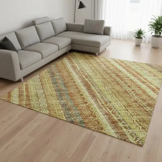 Amber And Artichoke Green Striped Washable Area Rug With UV Protection Photo 2