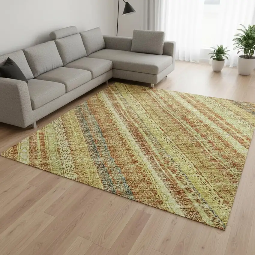 Amber And Artichoke Green Striped Washable Area Rug With UV Protection Photo 2