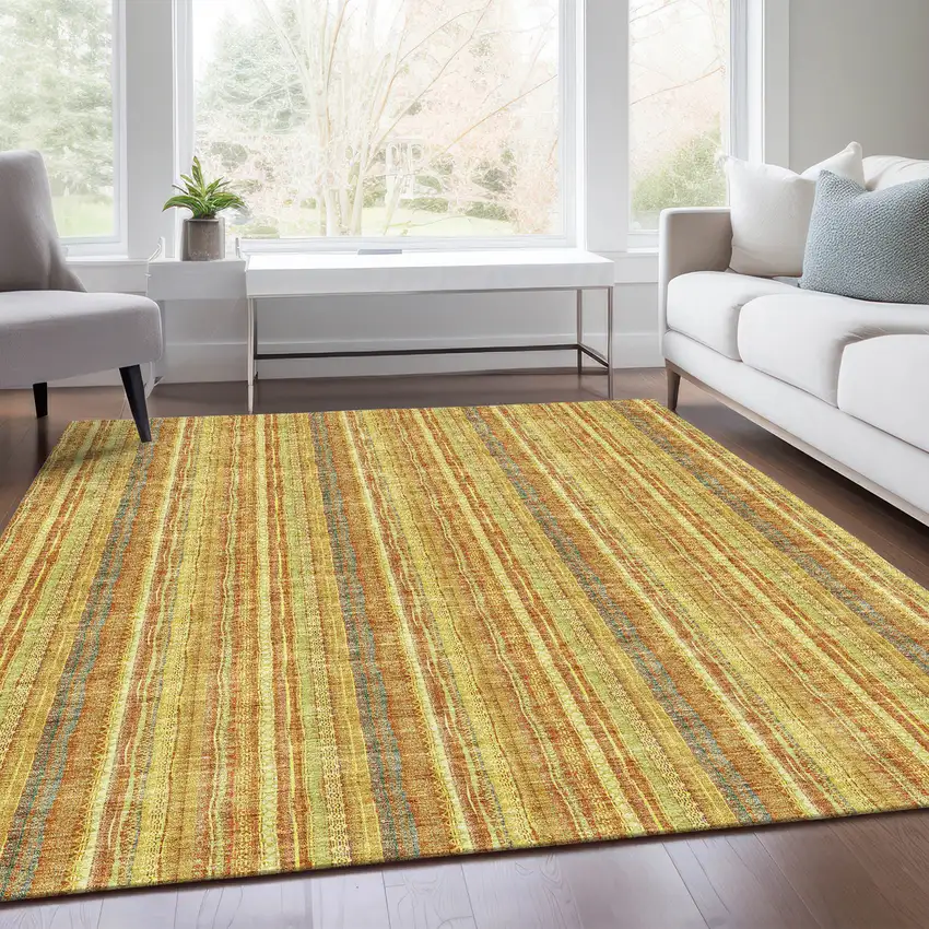 Amber And Artichoke Green Striped Washable Area Rug With UV Protection Photo 5