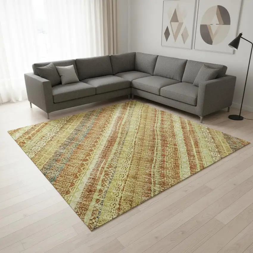 Amber And Artichoke Green Striped Washable Area Rug With UV Protection Photo 2