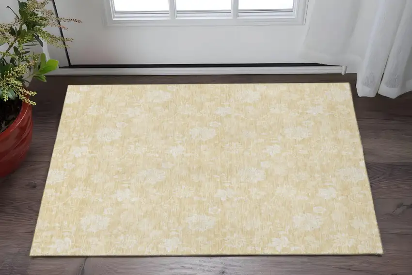 Amber And Ivory Floral Washable Area Rug With UV Protection Photo 2