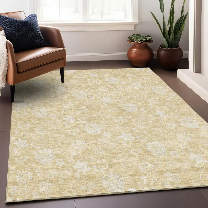 Amber And Ivory Floral Washable Area Rug With UV Protection Photo 5