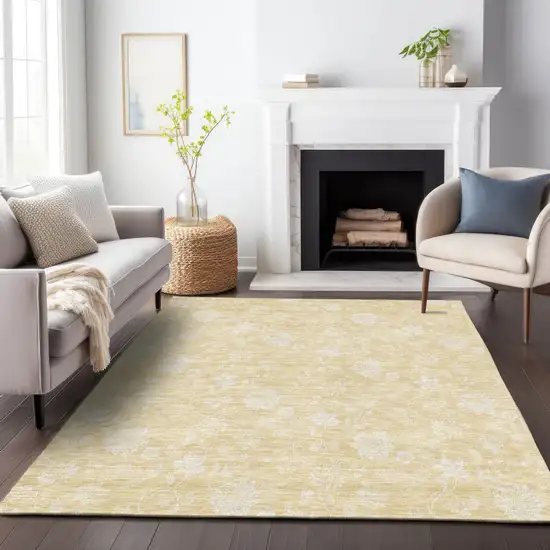 Amber And Ivory Floral Washable Area Rug With UV Protection Photo 5