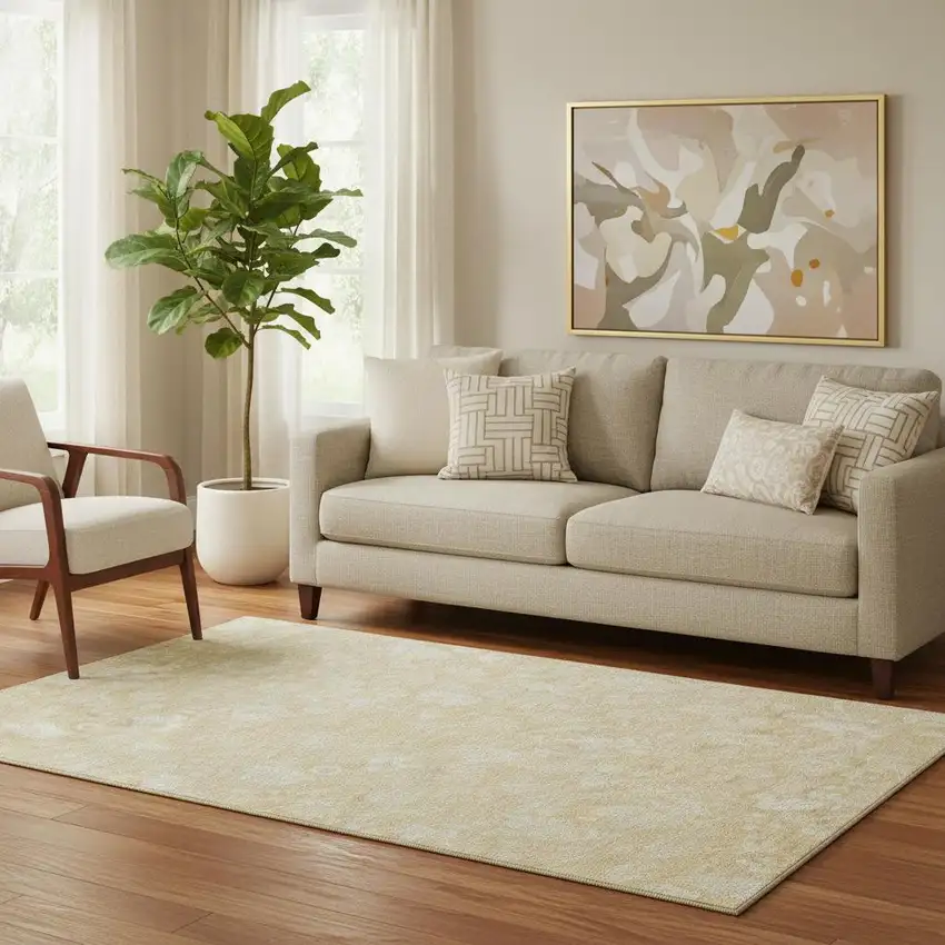 Amber And Ivory Floral Washable Area Rug With UV Protection Photo 1