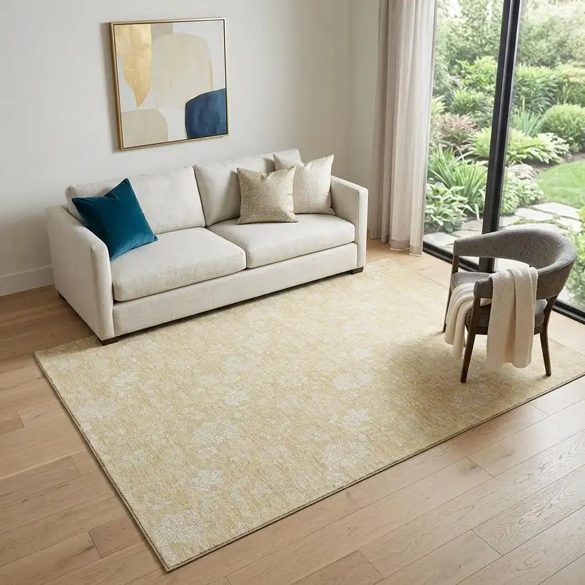 Amber And Ivory Floral Washable Area Rug With UV Protection Photo 1