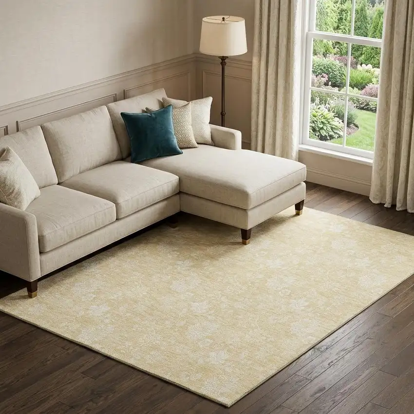 Amber And Ivory Floral Washable Area Rug With UV Protection Photo 1