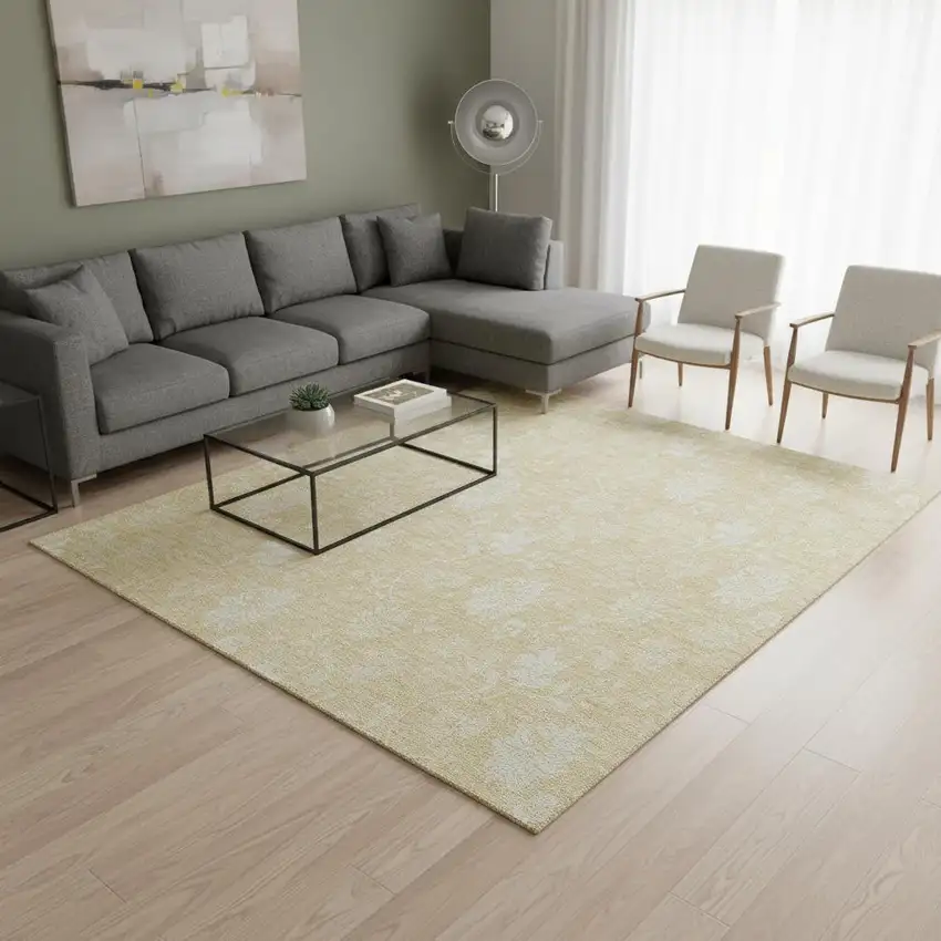 Amber And Ivory Floral Washable Area Rug With UV Protection Photo 1