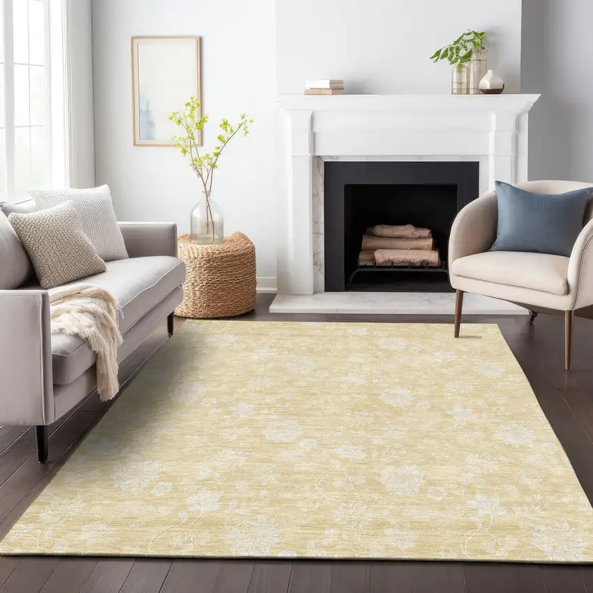 Amber And Ivory Floral Washable Area Rug With UV Protection Photo 5
