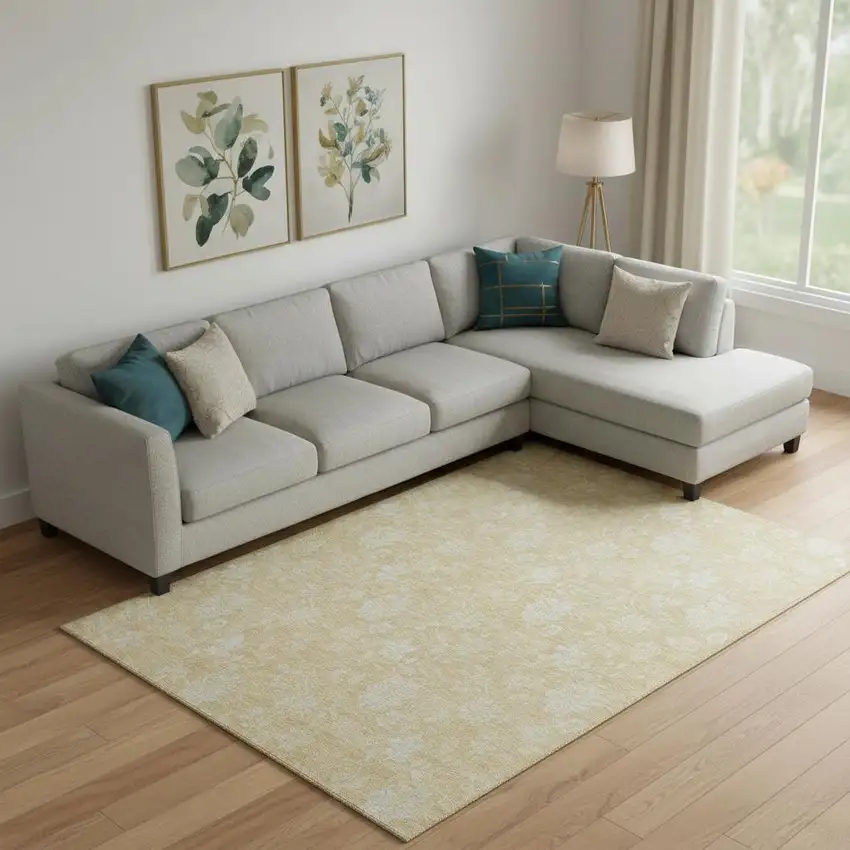 Amber And Ivory Floral Washable Area Rug With UV Protection Photo 1