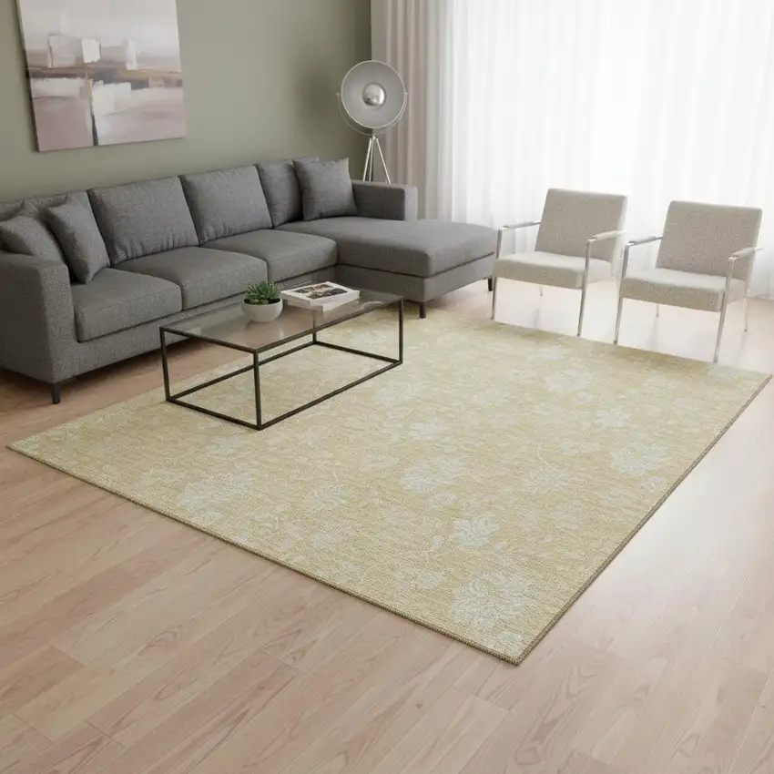 Amber And Ivory Floral Washable Area Rug With UV Protection Photo 1