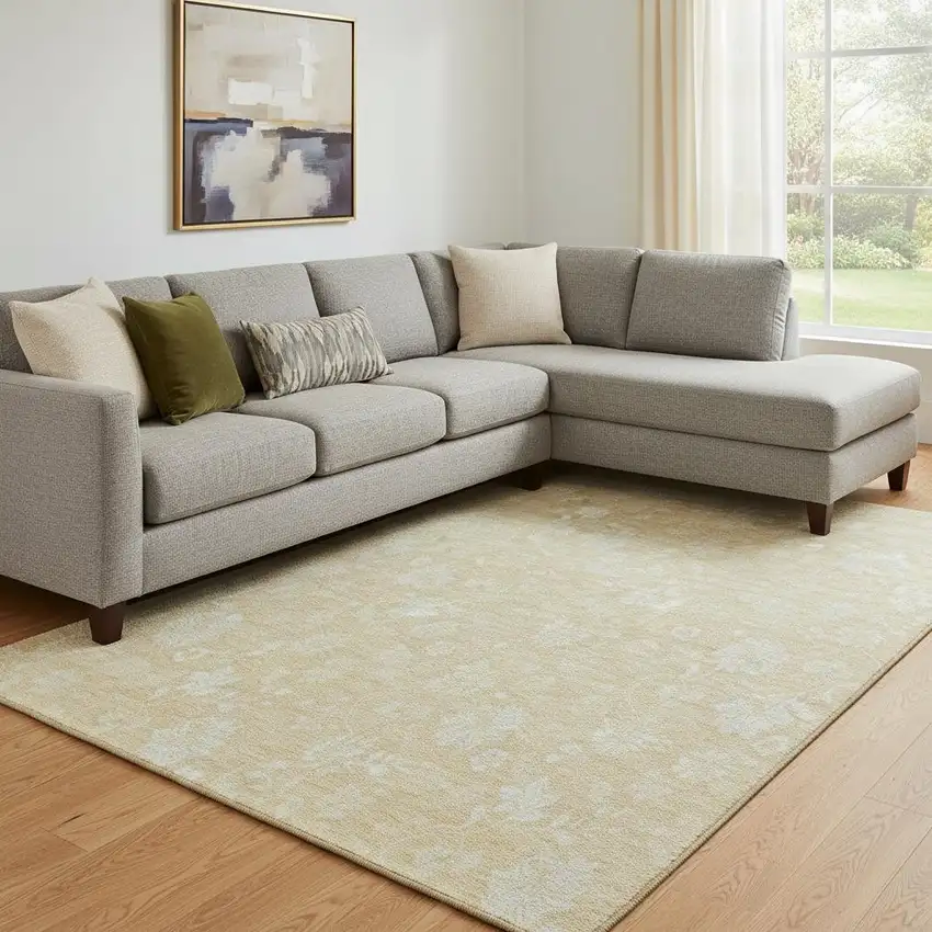 Amber And Ivory Floral Washable Area Rug With UV Protection Photo 1