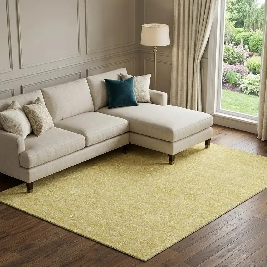 Amber And Ivory Floral Washable Area Rug With UV Protection Photo 1