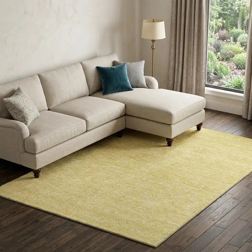 Amber And Ivory Floral Washable Area Rug With UV Protection Photo 1