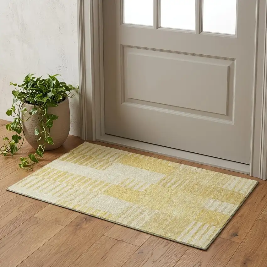 Amber And Ivory Striped Washable Area Rug With UV Protection Photo 1