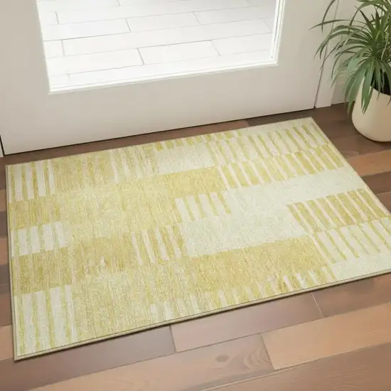 Amber And Ivory Striped Washable Area Rug With UV Protection Photo 2
