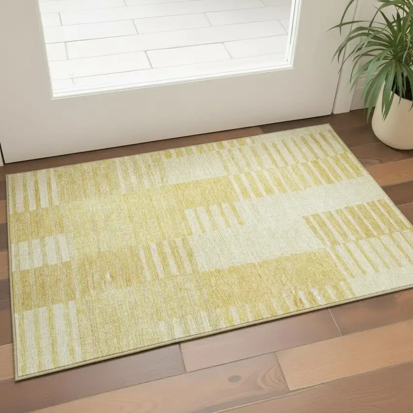 Amber And Ivory Striped Washable Area Rug With UV Protection Photo 2