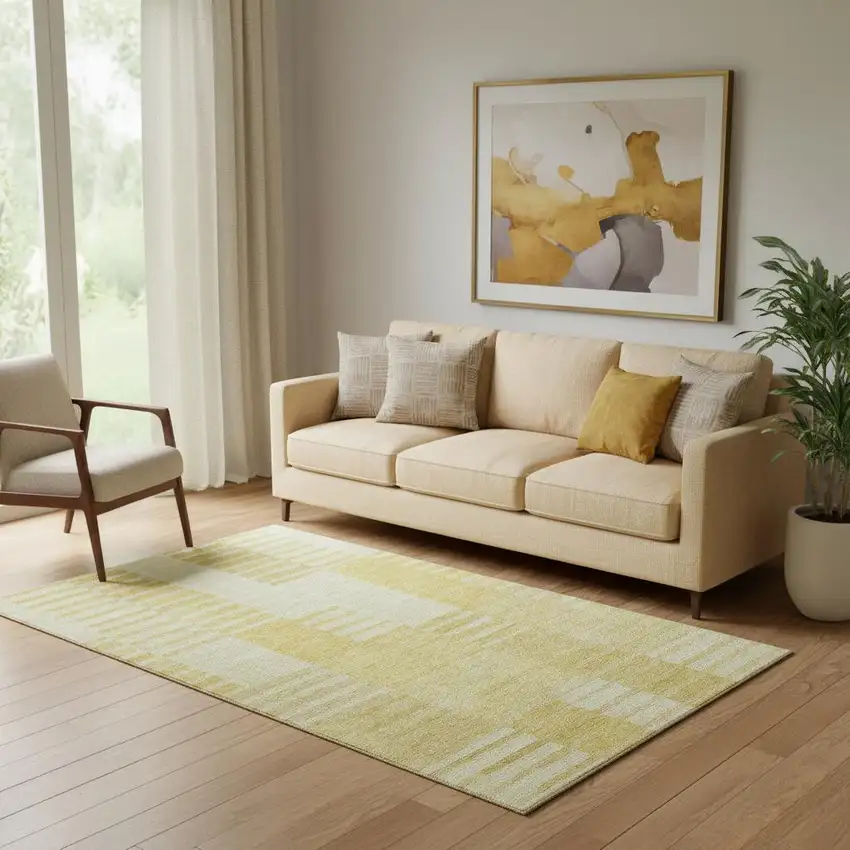 Amber And Ivory Striped Washable Area Rug With UV Protection Photo 1