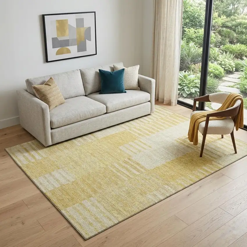 Amber And Ivory Striped Washable Area Rug With UV Protection Photo 1