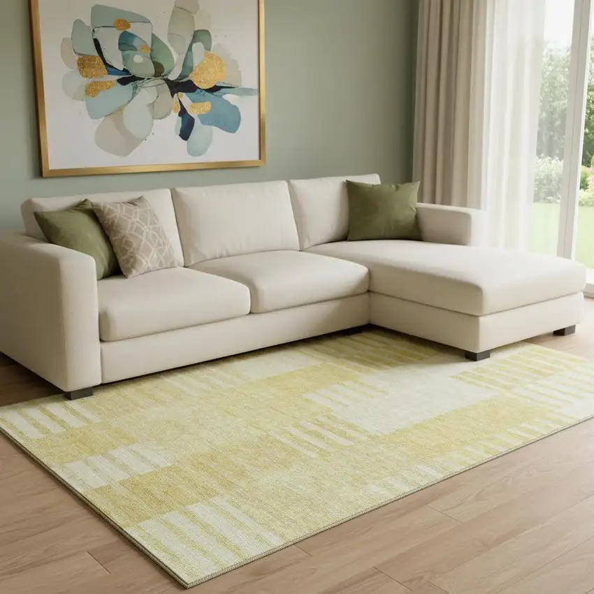Amber And Ivory Striped Washable Area Rug With UV Protection Photo 1