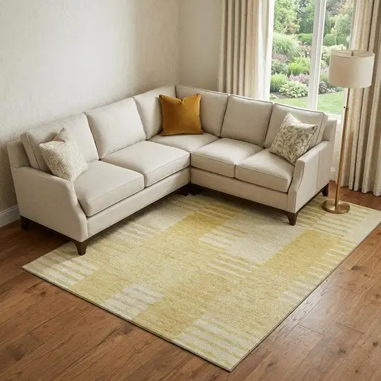 Amber And Ivory Striped Washable Area Rug With UV Protection Photo 1