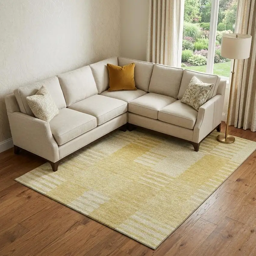Amber And Ivory Striped Washable Area Rug With UV Protection Photo 1