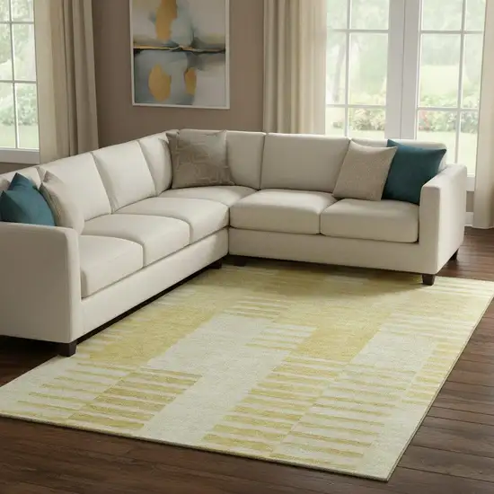 Amber And Ivory Striped Washable Area Rug With UV Protection Photo 1