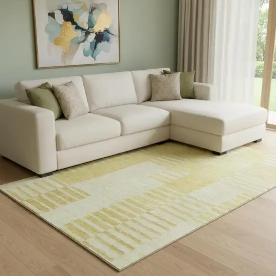 Amber And Ivory Striped Washable Area Rug With UV Protection Photo 1