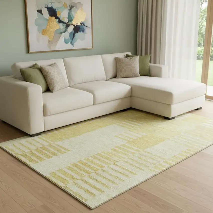 Amber And Ivory Striped Washable Area Rug With UV Protection Photo 1