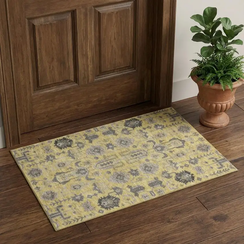 Amber Gray And Charcoal Oriental Washable Area Rug With UV Protection Photo 1
