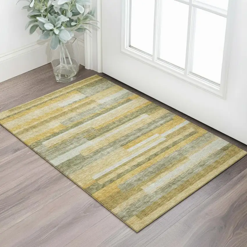 Amber Ivory And Gray Striped Washable Area Rug With UV Protection Photo 2