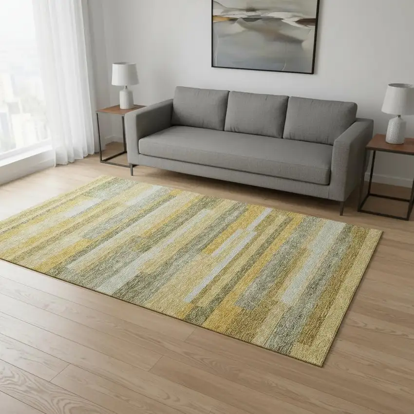 Amber Ivory And Gray Striped Washable Area Rug With UV Protection Photo 2