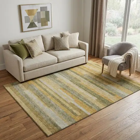 Amber Ivory And Gray Striped Washable Area Rug With UV Protection Photo 1