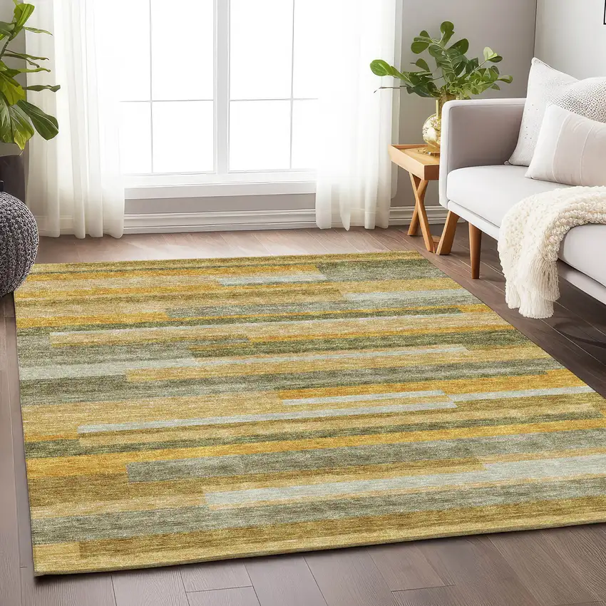 Amber Ivory And Gray Striped Washable Area Rug With UV Protection Photo 4