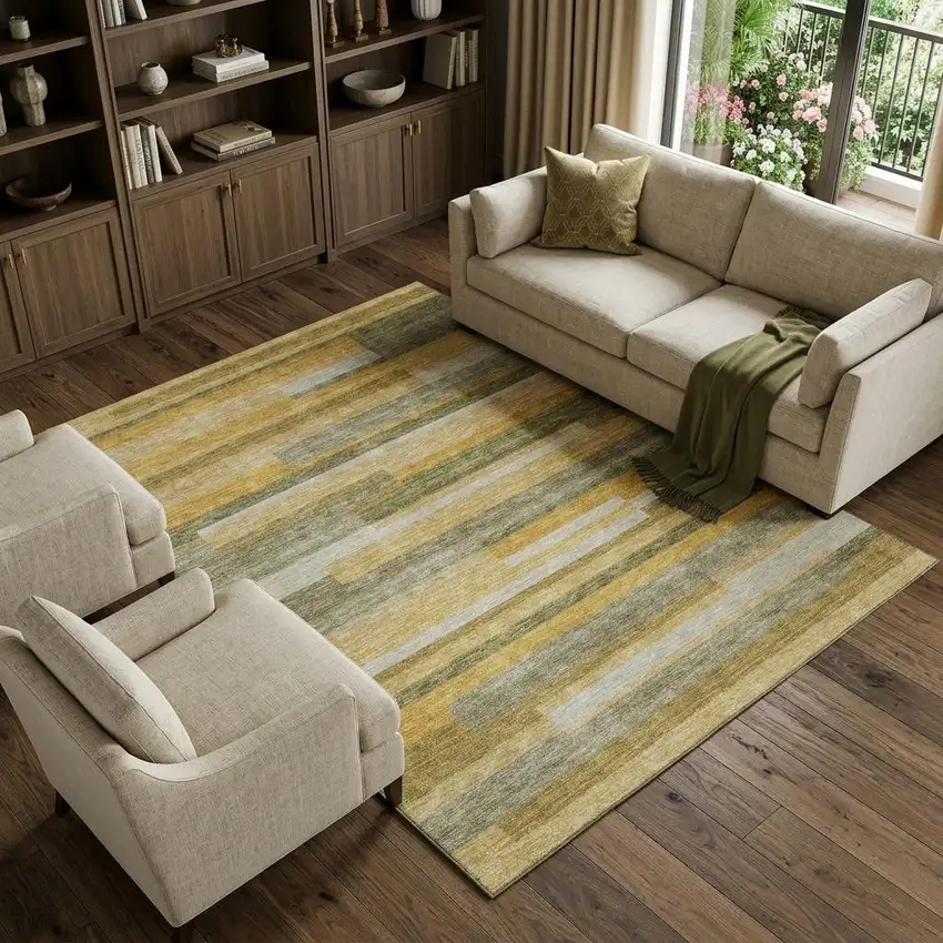 Amber Ivory And Gray Striped Washable Area Rug With UV Protection Photo 1