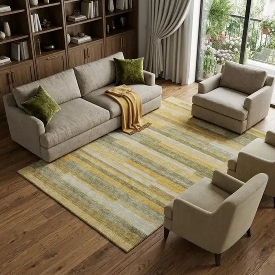 Amber Ivory And Gray Striped Washable Area Rug With UV Protection Photo 1