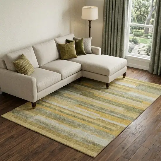 Amber Ivory And Gray Striped Washable Area Rug With UV Protection Photo 1