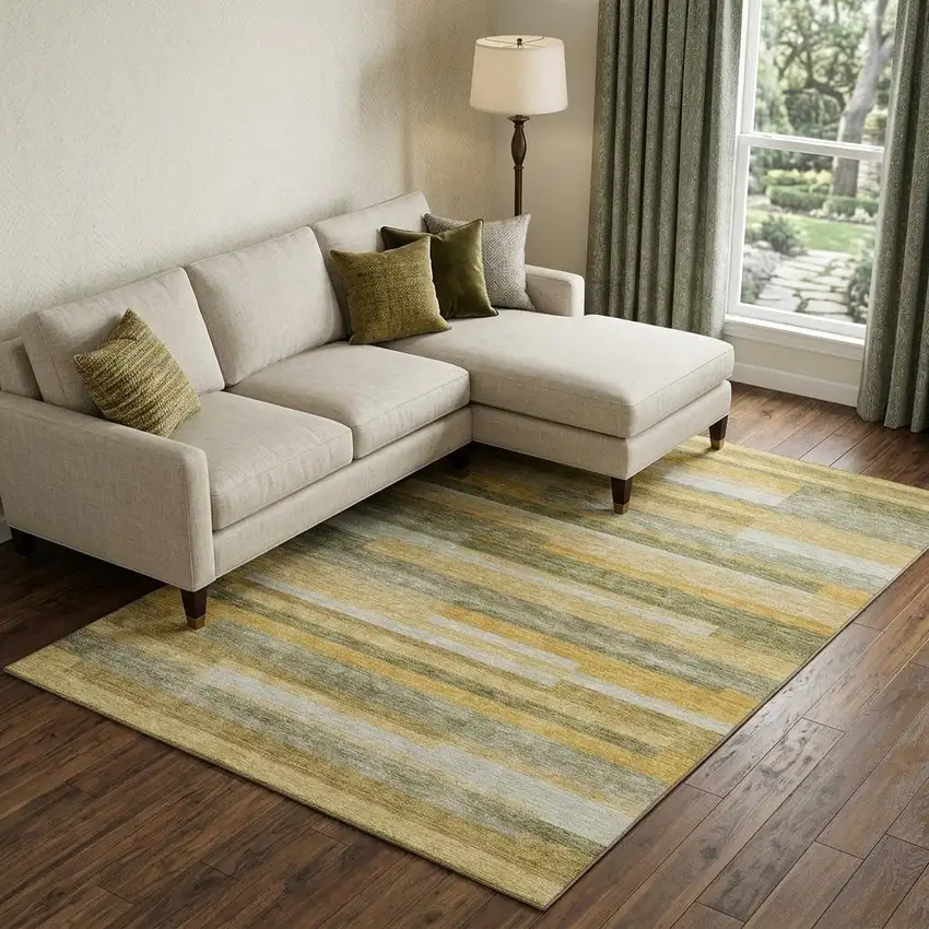 Amber Ivory And Gray Striped Washable Area Rug With UV Protection Photo 1