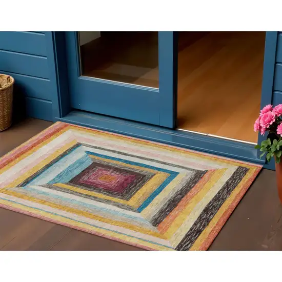 Amber Pink And Teal Blue Geometric Washable Indoor Outdoor Area Rug Photo 2