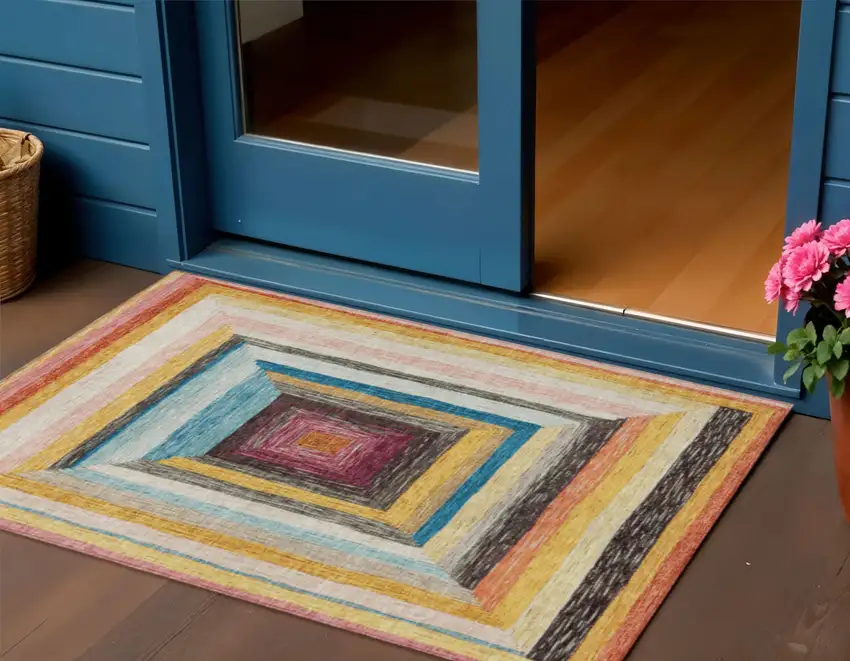 Amber Pink And Teal Blue Geometric Washable Indoor Outdoor Area Rug Photo 2