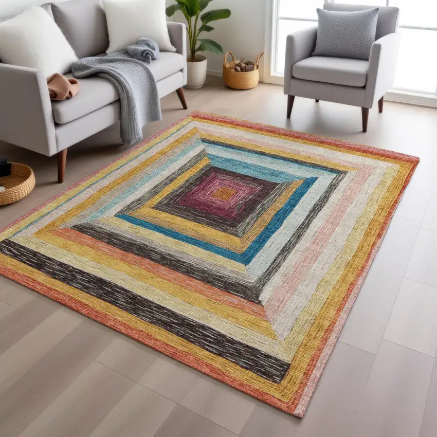 Amber Pink And Teal Blue Geometric Washable Indoor Outdoor Area Rug Photo 7