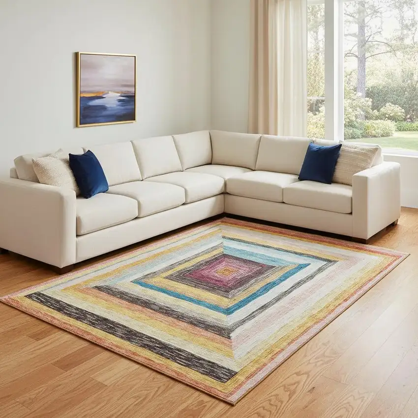 Amber Pink And Teal Geometric Washable Area Rug With UV Protection Photo 2