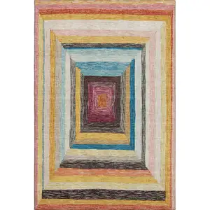Photo of Amber Pink And Teal Geometric Washable Area Rug With UV Protection