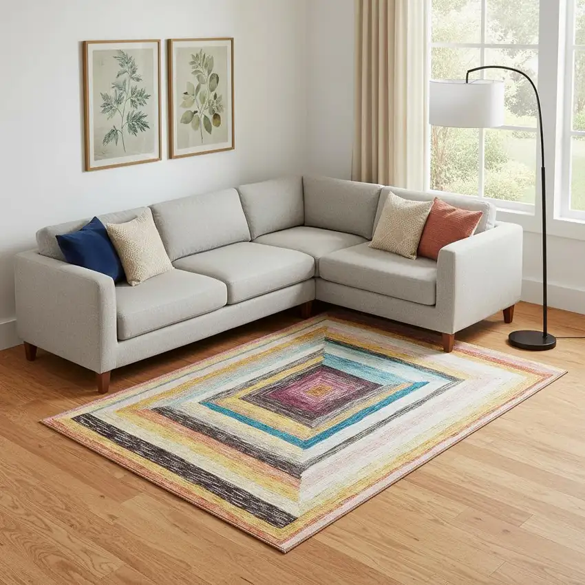 Amber Pink And Teal Geometric Washable Area Rug With UV Protection Photo 2