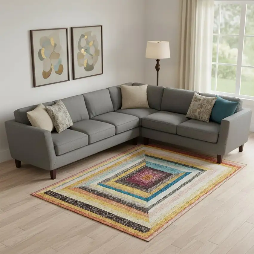 Amber Pink And Teal Geometric Washable Area Rug With UV Protection Photo 2