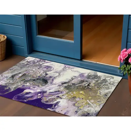 Amethyst Ivory And Gold Abstract Washable Indoor Outdoor Area Rug Photo 1