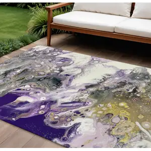 Photo of Amethyst Ivory And Gold Abstract Washable Indoor Outdoor Area Rug
