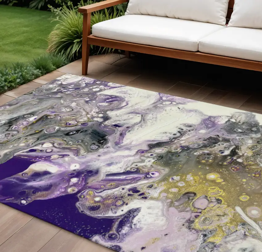Amethyst Ivory And Gold Abstract Washable Indoor Outdoor Area Rug Photo 1
