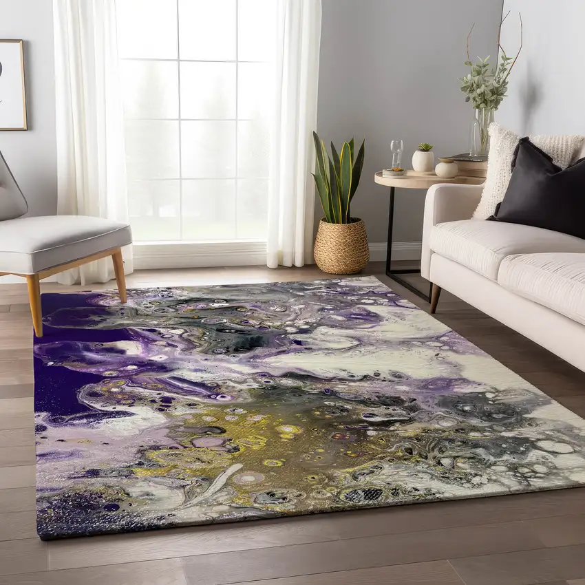 Amethyst Ivory And Gold Abstract Washable Indoor Outdoor Area Rug Photo 8